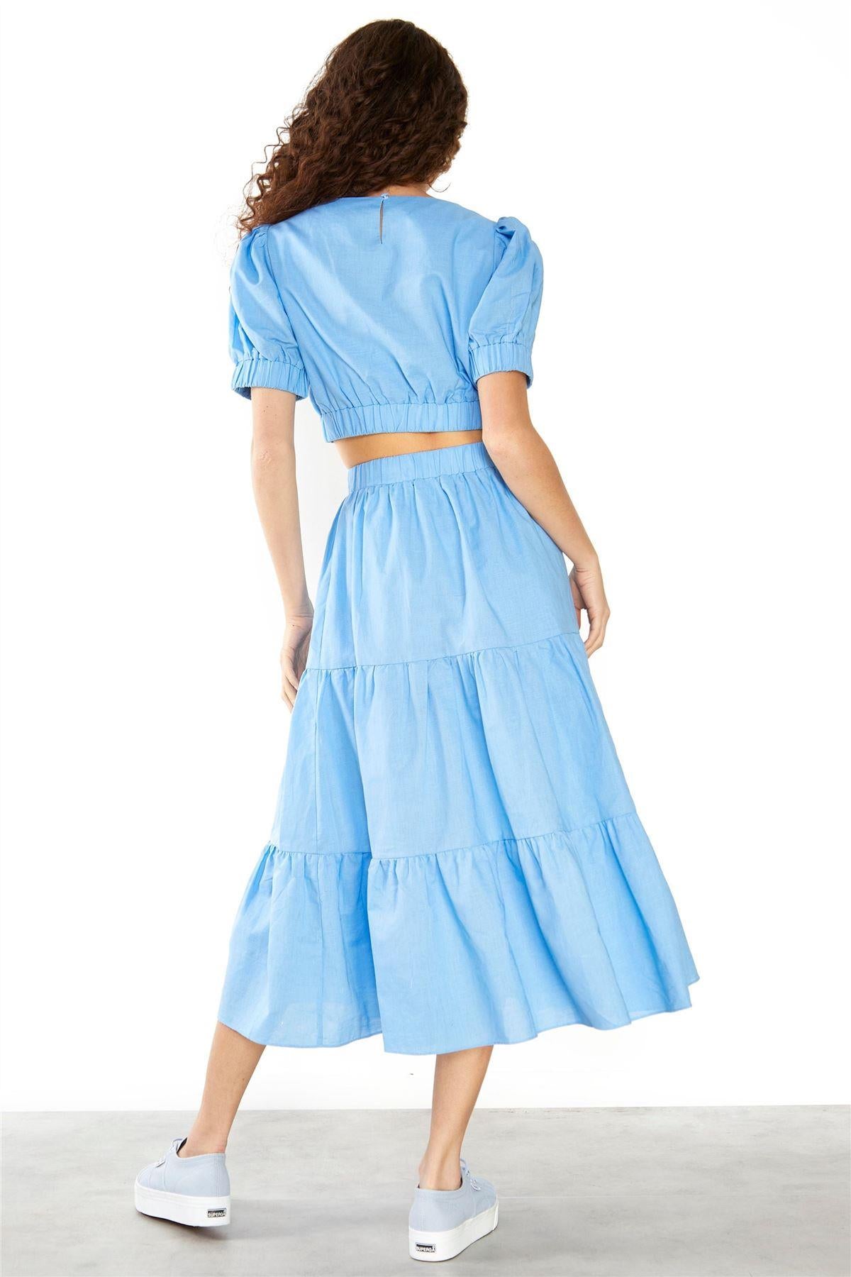 Cornflower-Blue Tiered Midi-Skirt