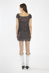 Black Fruit-Print Mesh Milkmaid Mini-Dress