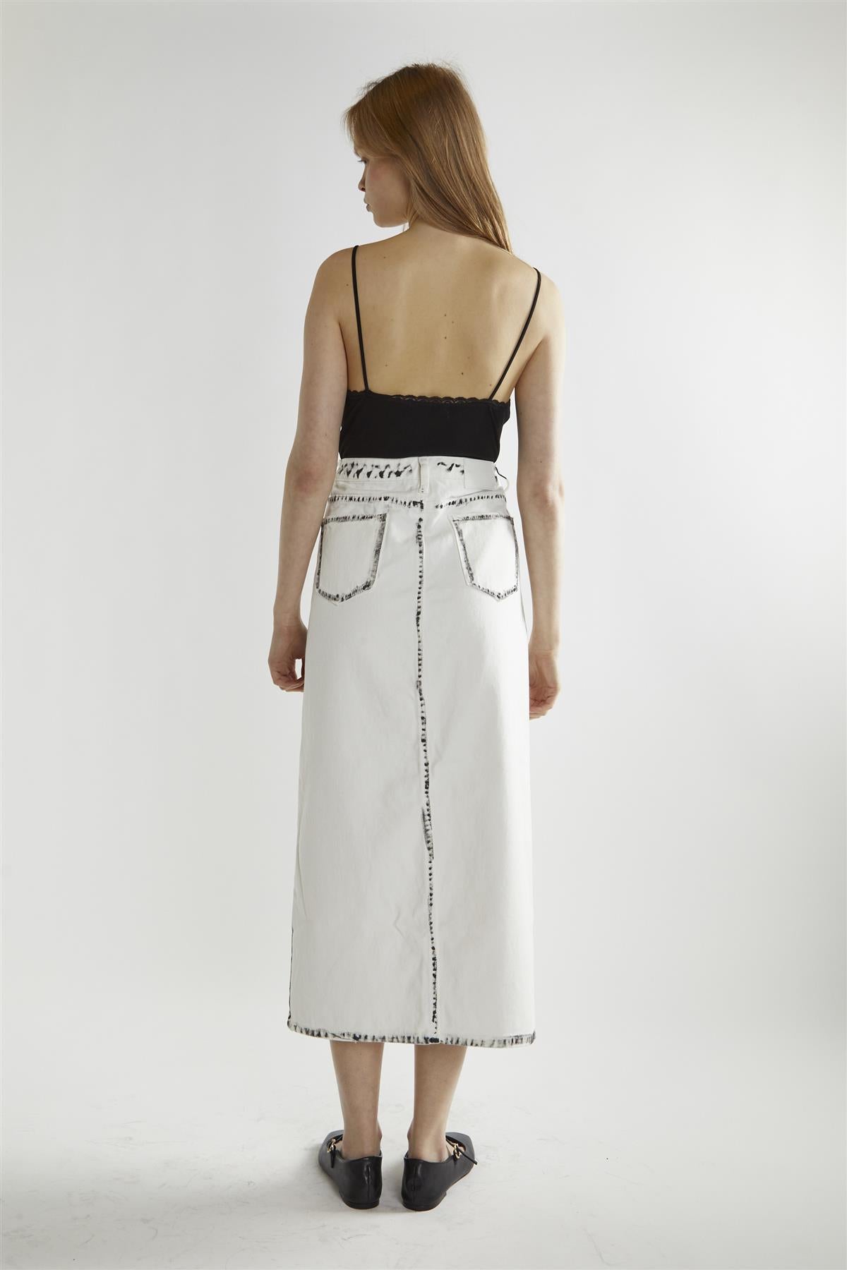 White-Black Edges Denim Straight Midi-Skirt