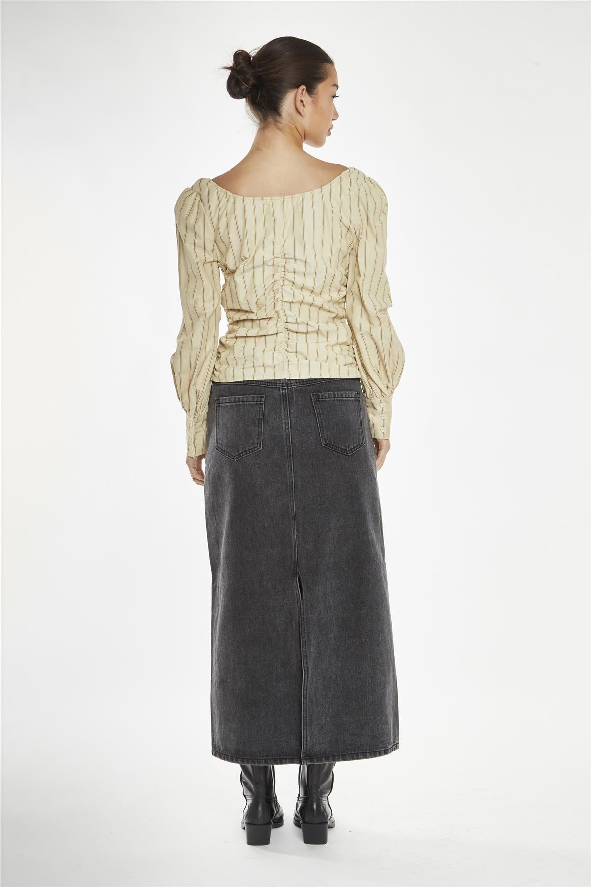 Straw-Gold Stripe Gathered-Front Top