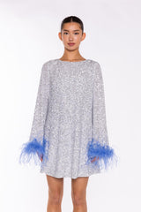 Silver-Sequin Blue Feather-Cuff Mini-Dress