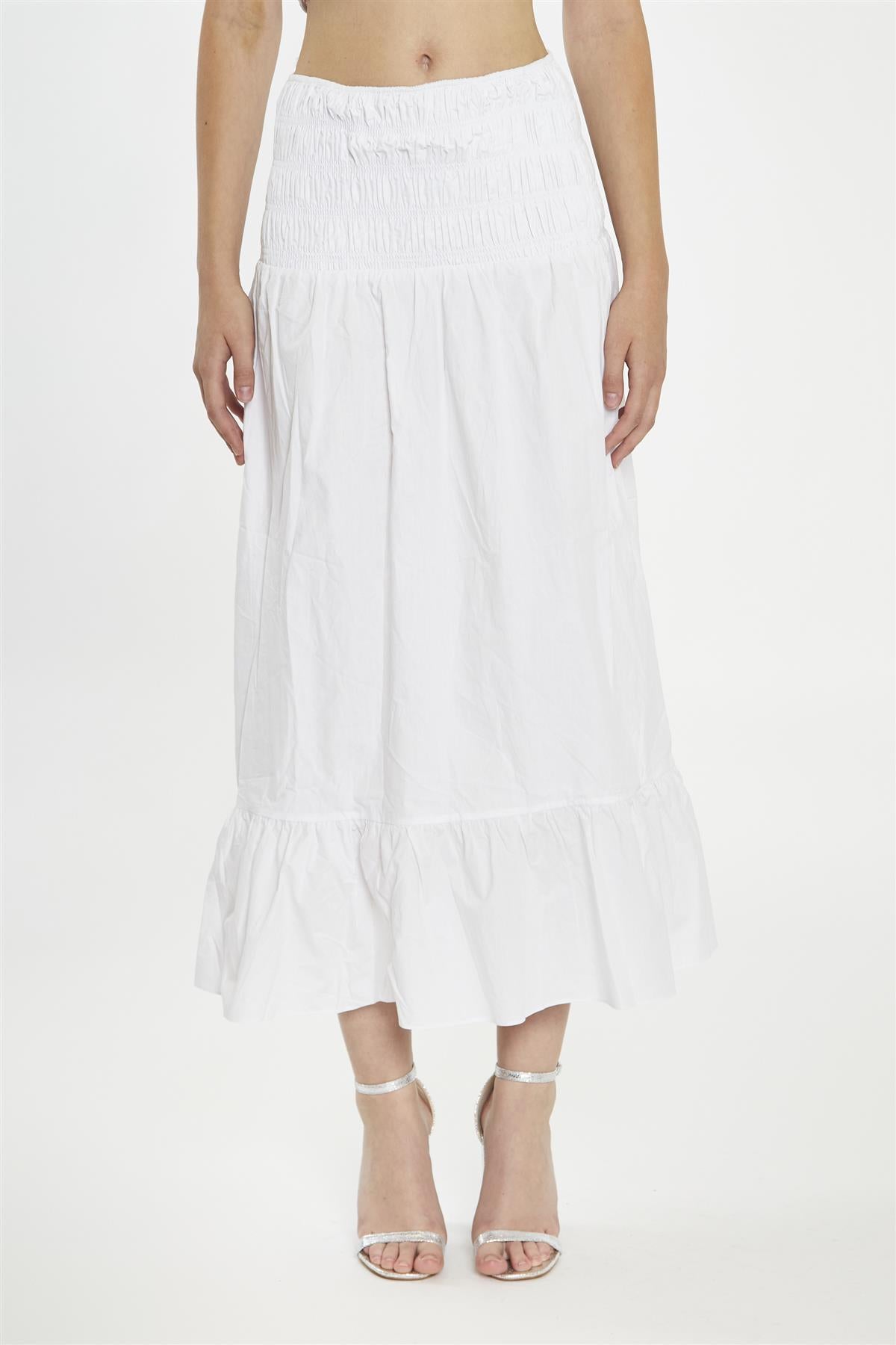 White Shirred-Waist Maxi-Skirt