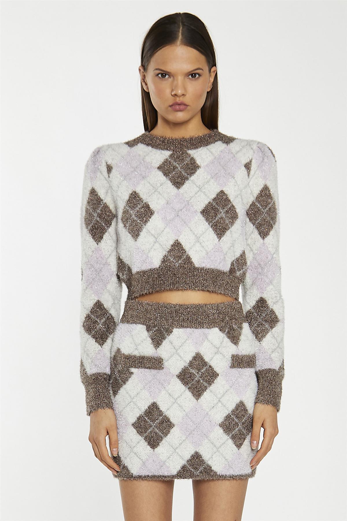 Brown Multi-Argyle Glitter Knit Mini-Skirt