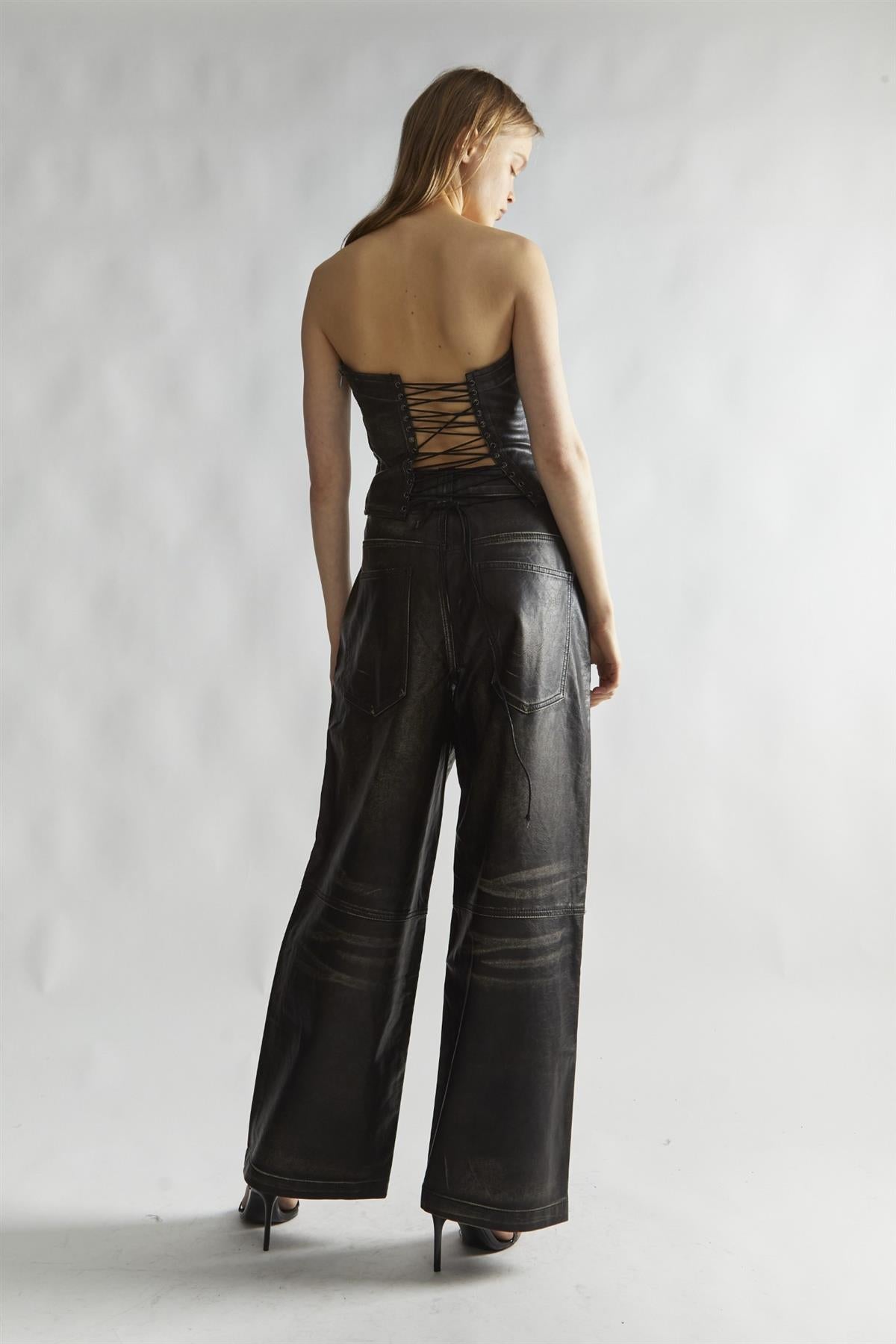 Black Distressed-PU Wide-Leg Trousers