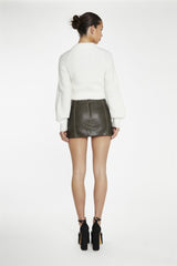 Dark-Brown Distressed-PU Fitted Mini-Skirt