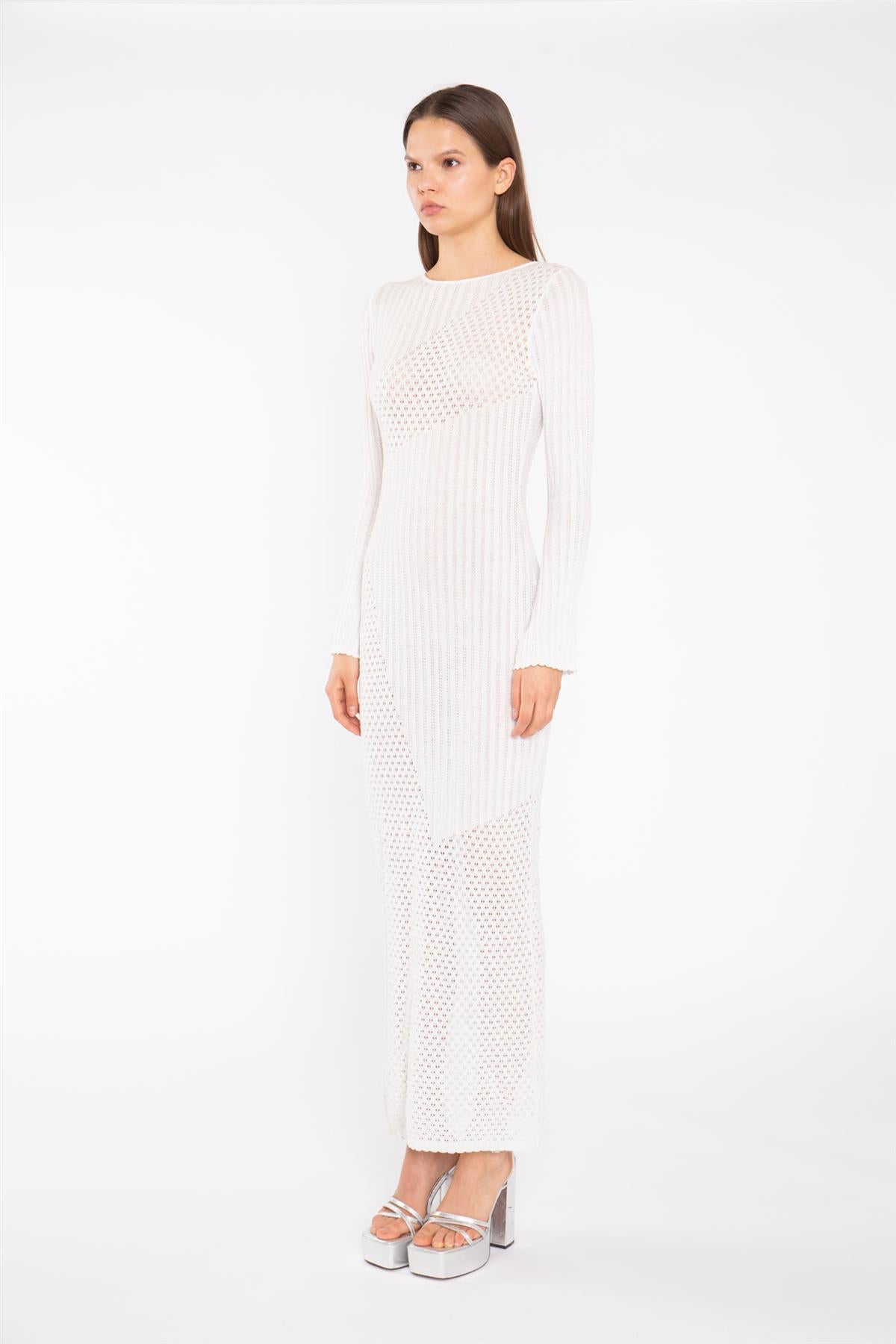 Off White Mix Knit Maxi-Dress