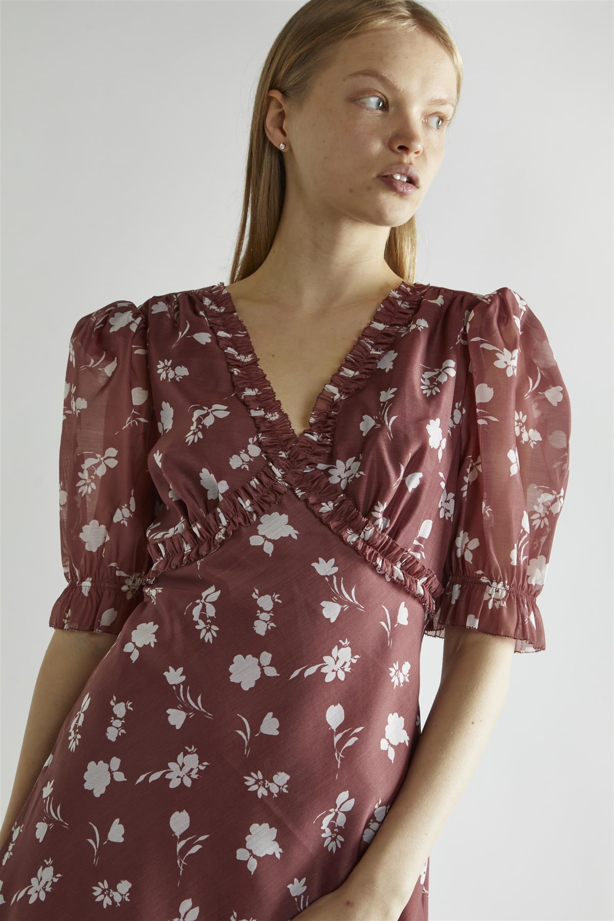 Burgundy-Floral Organza  V-Neck Midaxi-Dress