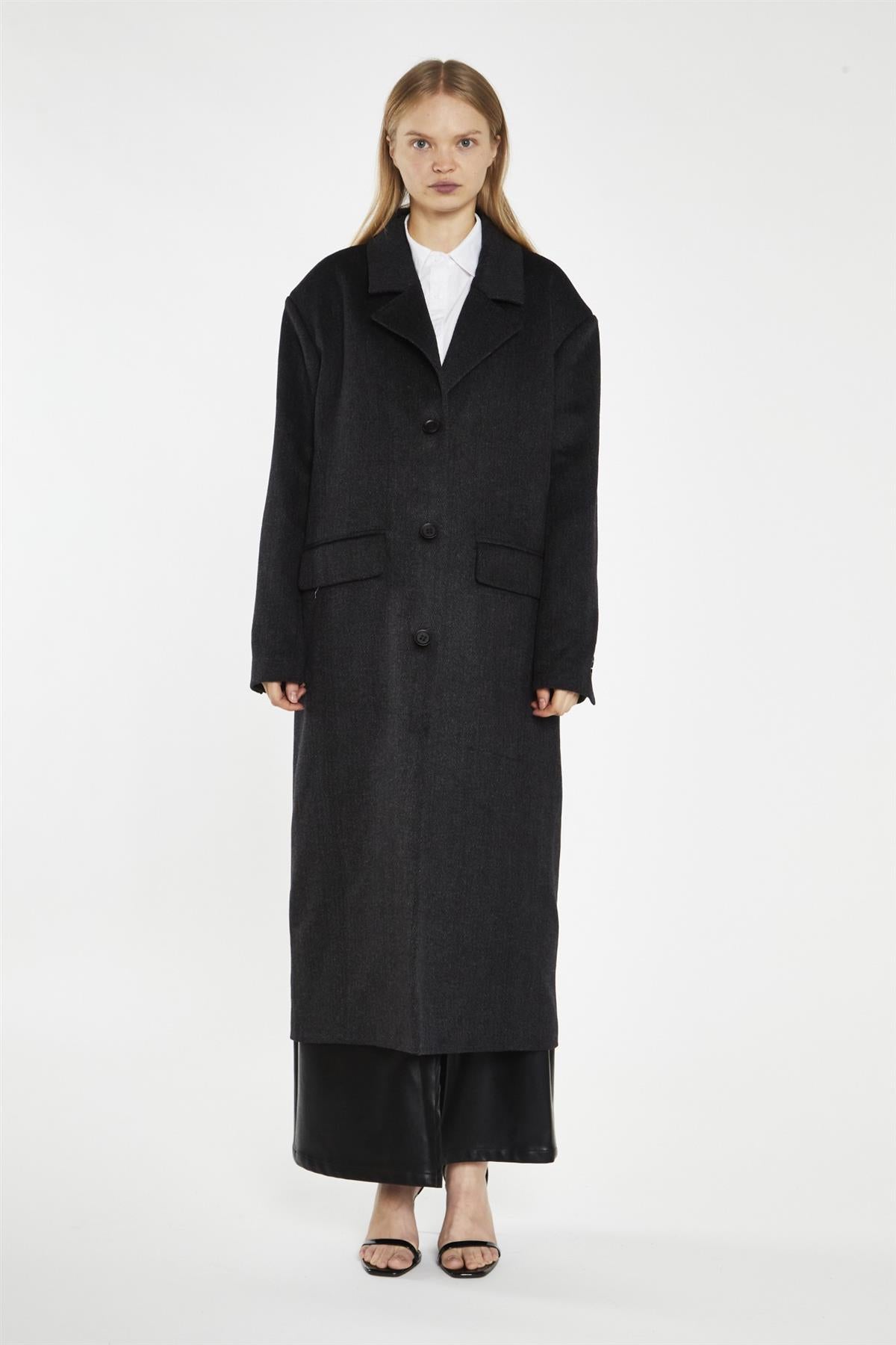 Black Herringbone Oversized Longline-Coat