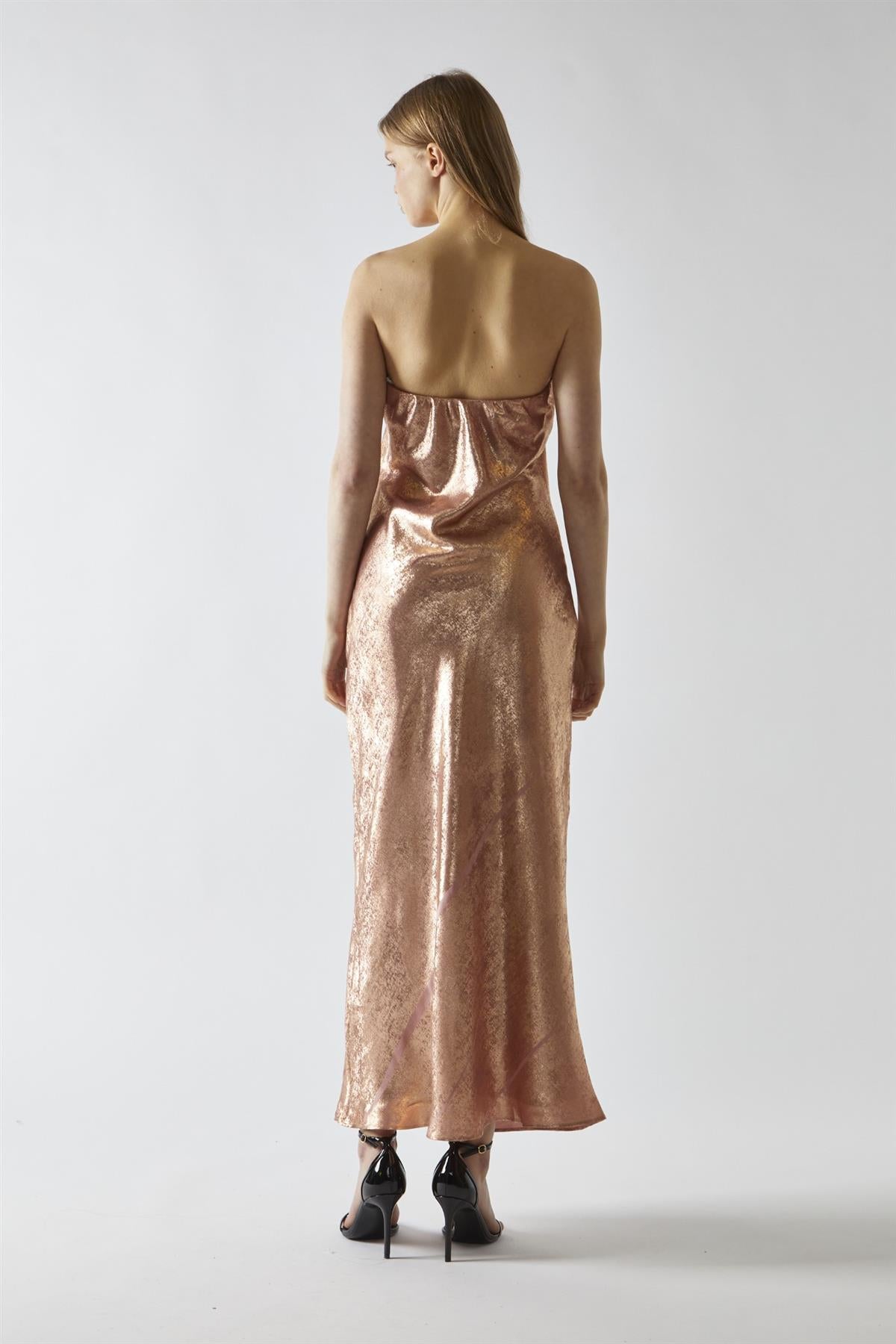 Copper-Metallic Strapless Midi Dress