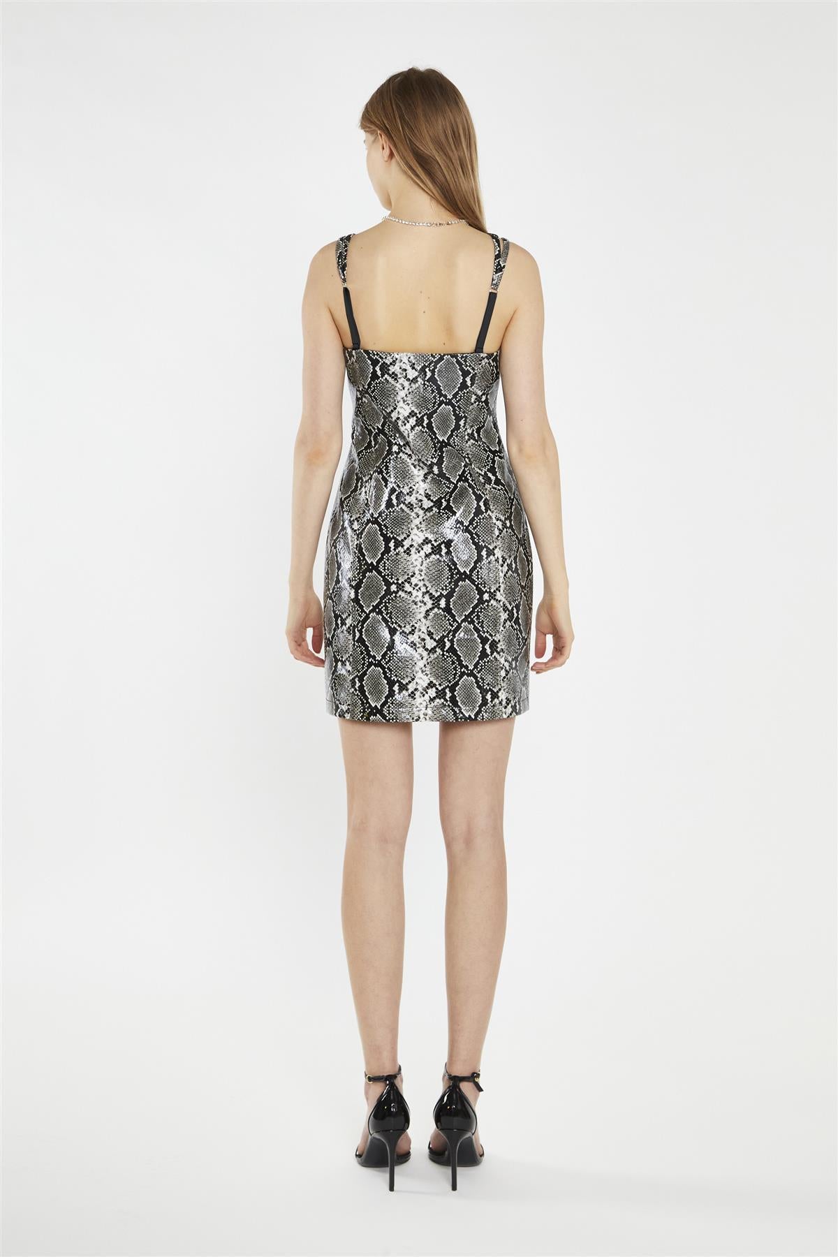 Snake-Pu Diamante-Strap Mini-Dress