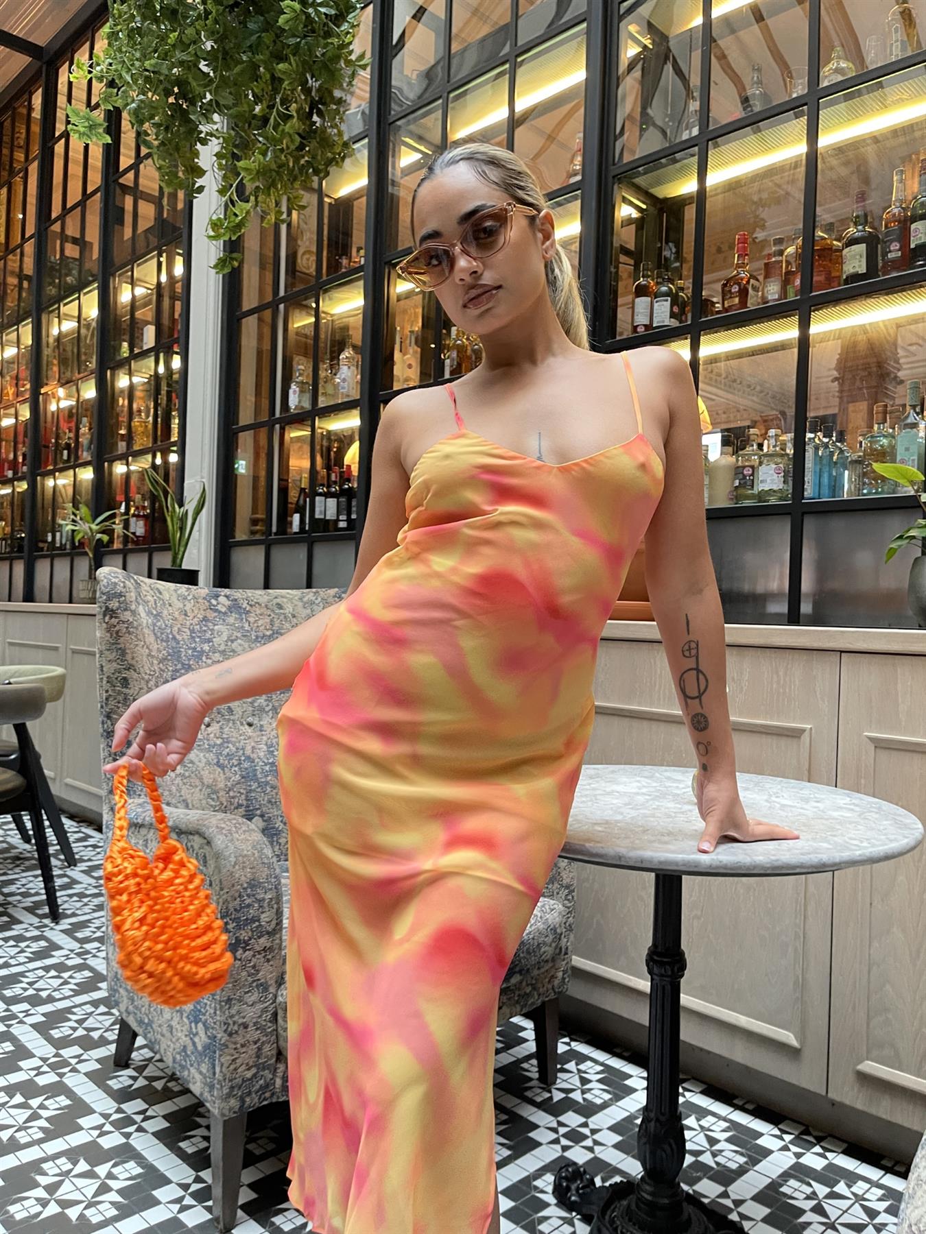 Orange-Yellow Tie-Die Cami Slip Midi-Dress