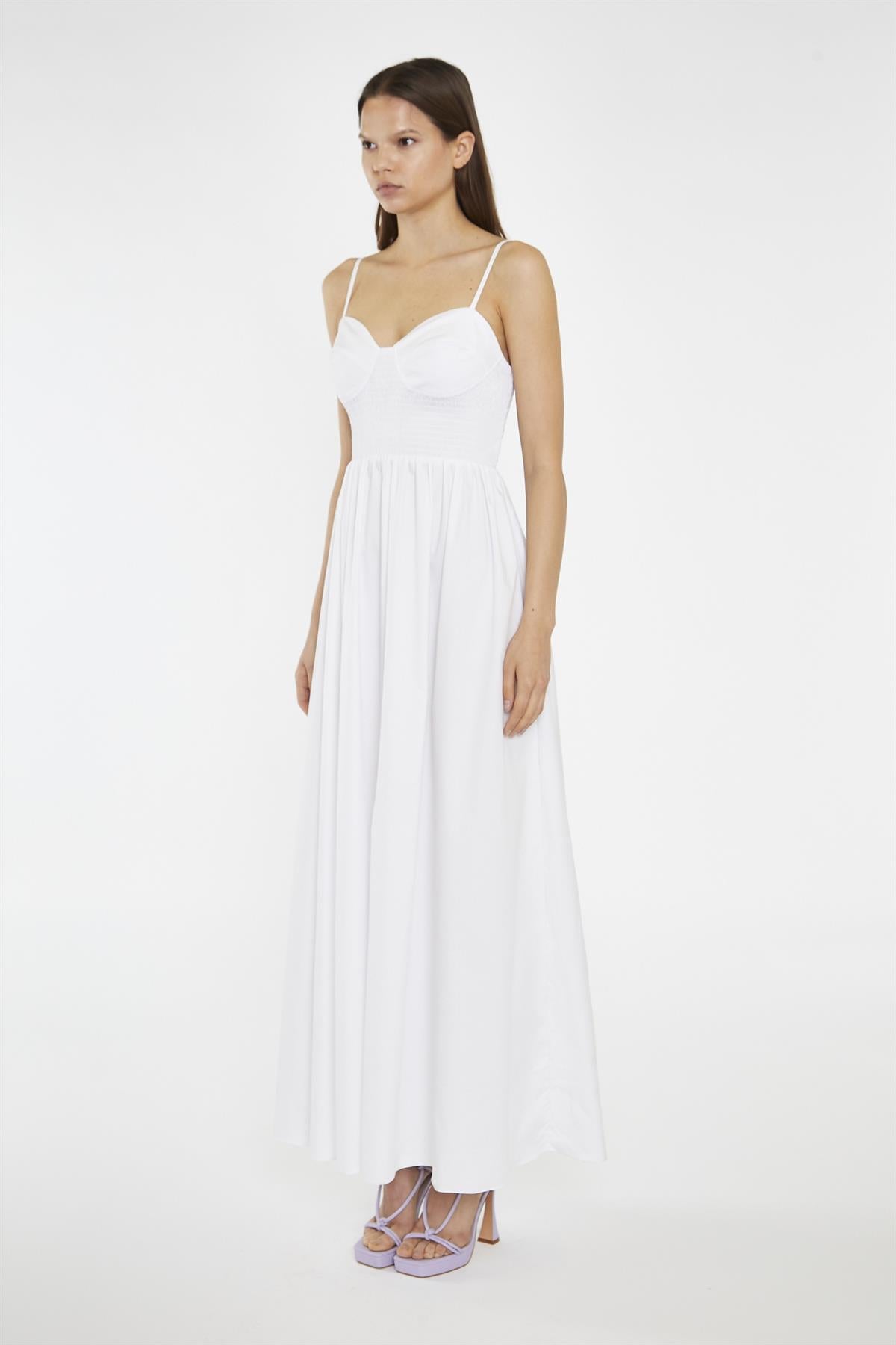 White Shirred Bodice Maxi-Dress