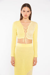 Lemon-Yellow Mix Knit Lace-Up Front Crop-Top