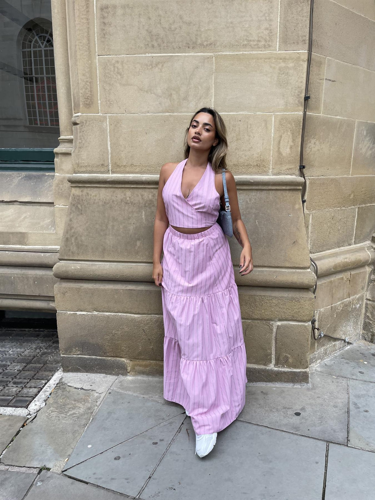 Pink Vertical-Stripe Tiered Maxi-Skirt