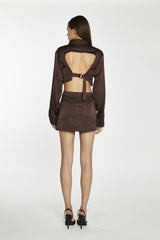 Brown-Satin Open-Back Crop-Shirt