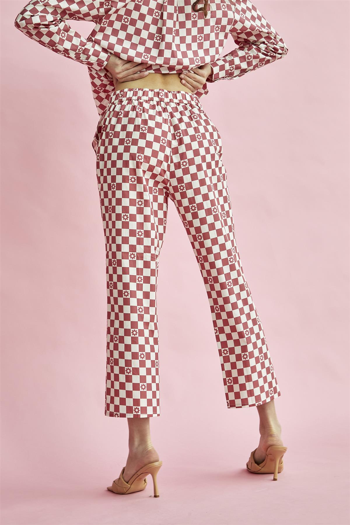 Rose-Checkerboard Flower Cropped-Trousers