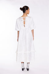 Off-White Brocade Tiered Tie-Back Midi-Dress