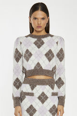 Brown Multi-Argyle Glitter Knit Crop-Jumper