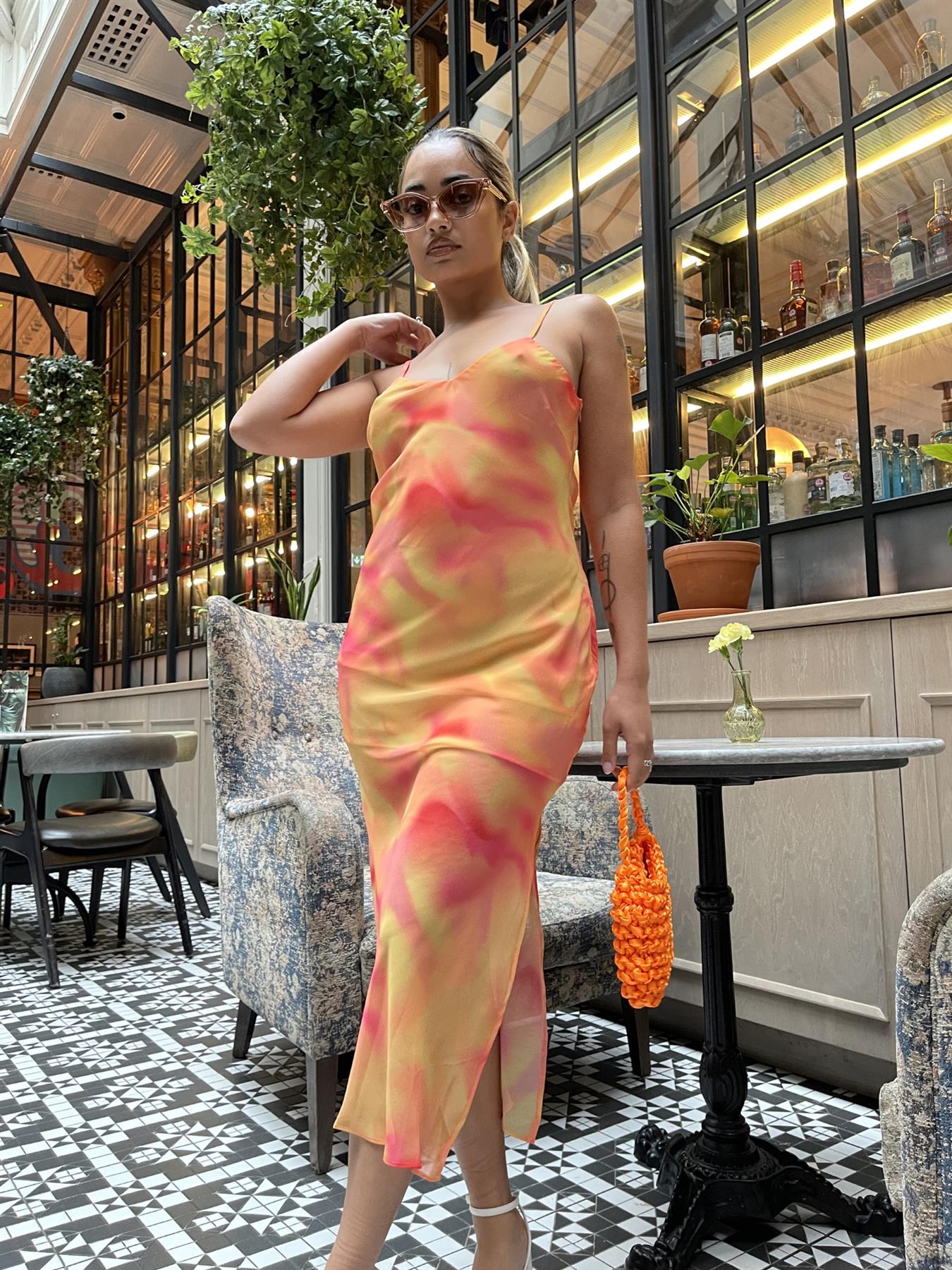 Orange-Yellow Tie-Die Cami Slip Midi-Dress