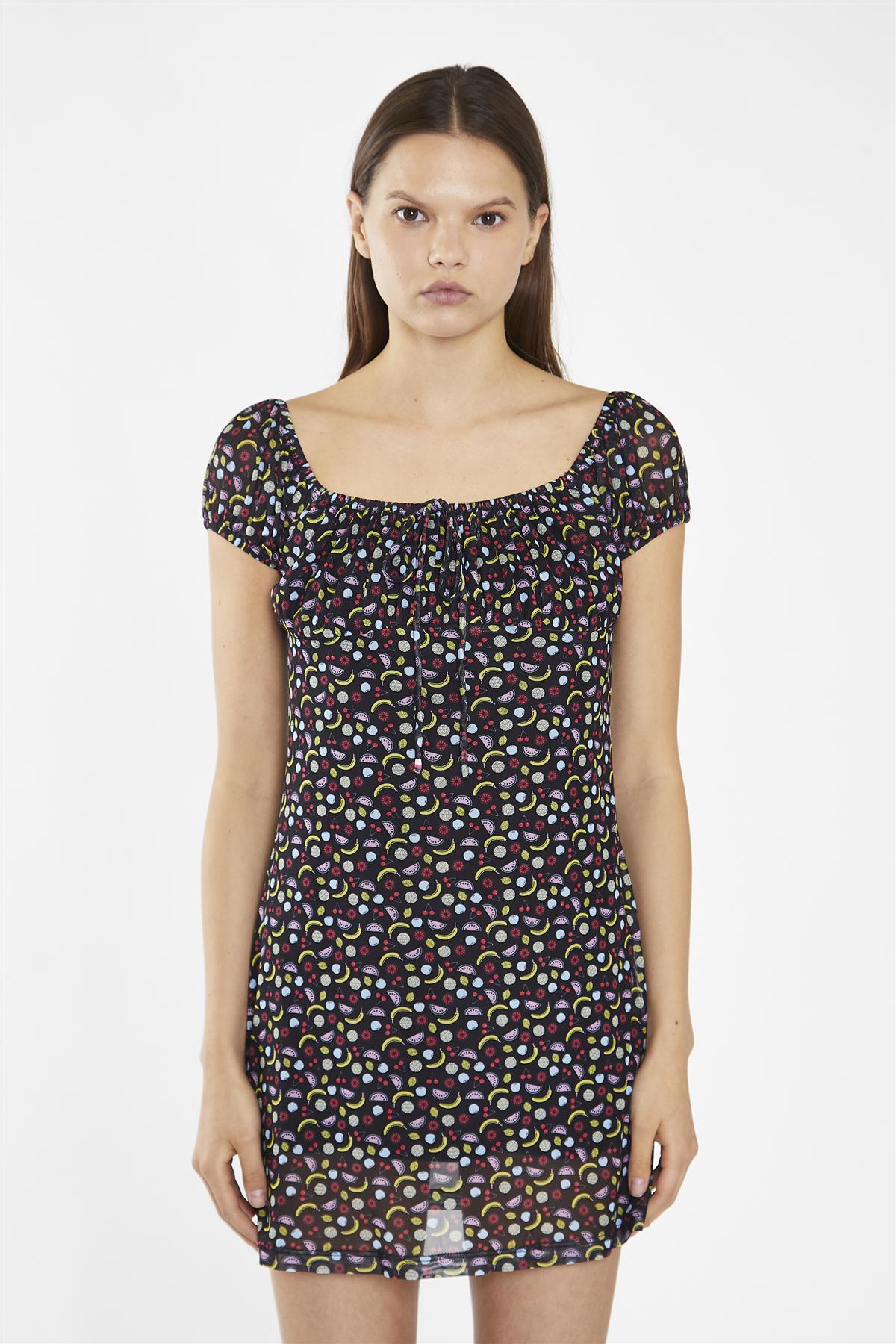 Black Fruit-Print Mesh Milkmaid Mini-Dress