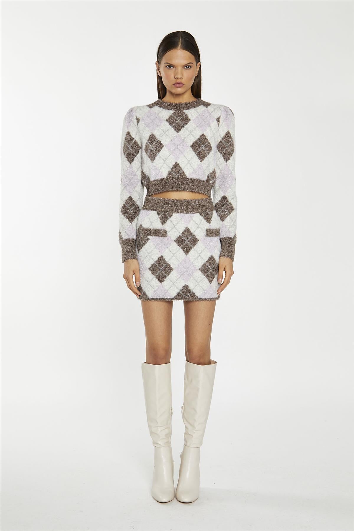 Brown Multi-Argyle Glitter Knit Crop-Jumper