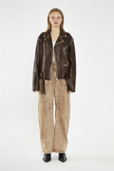 Brown Distressed-PU Oversized Biker-Jacket