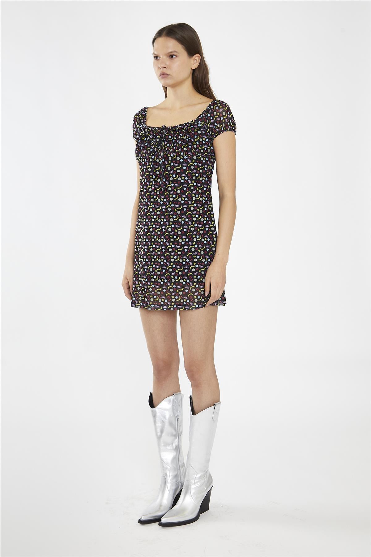 Black Fruit-Print Mesh Milkmaid Mini-Dress