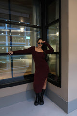 Wine Square-Neck Knitted Midi-Dress