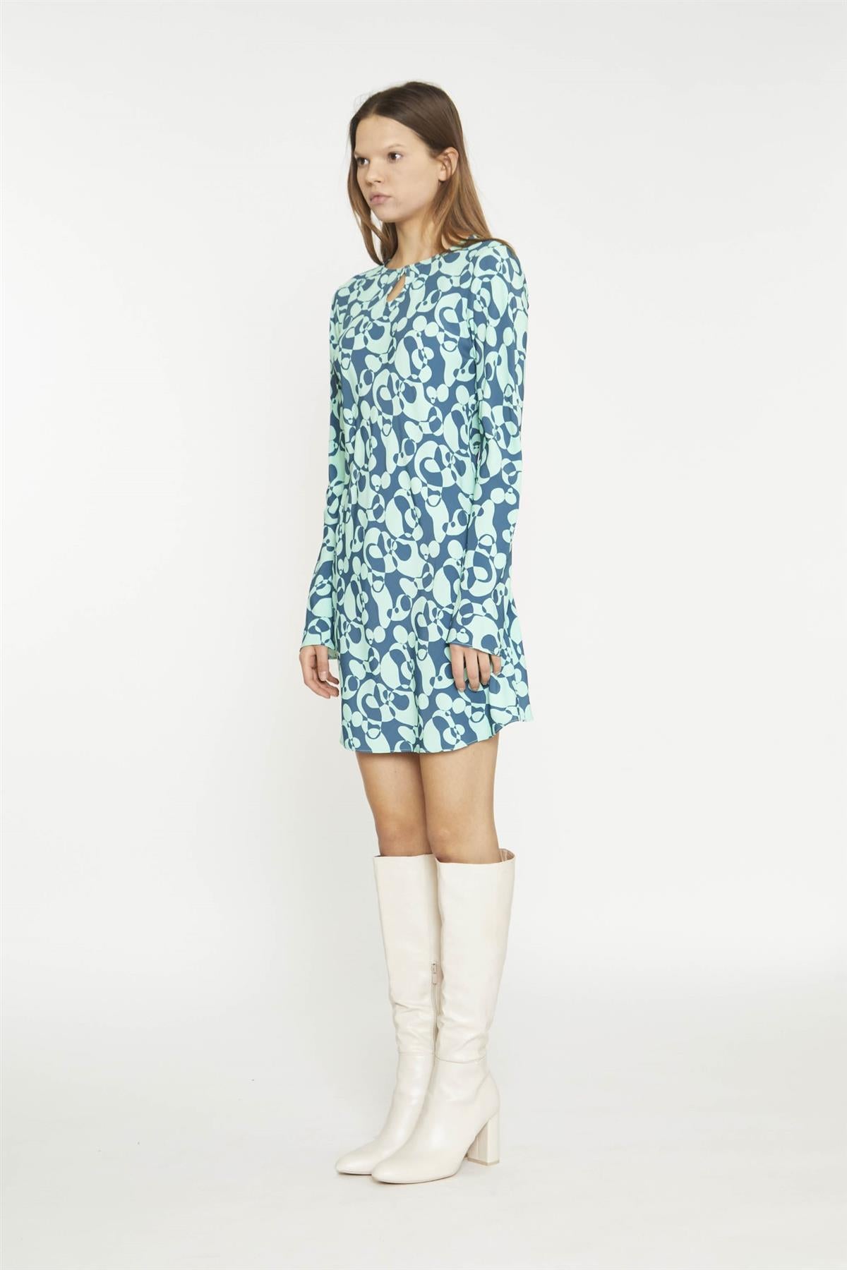 Green Abstract-Bubble Long-Sleeve Mini-Dress