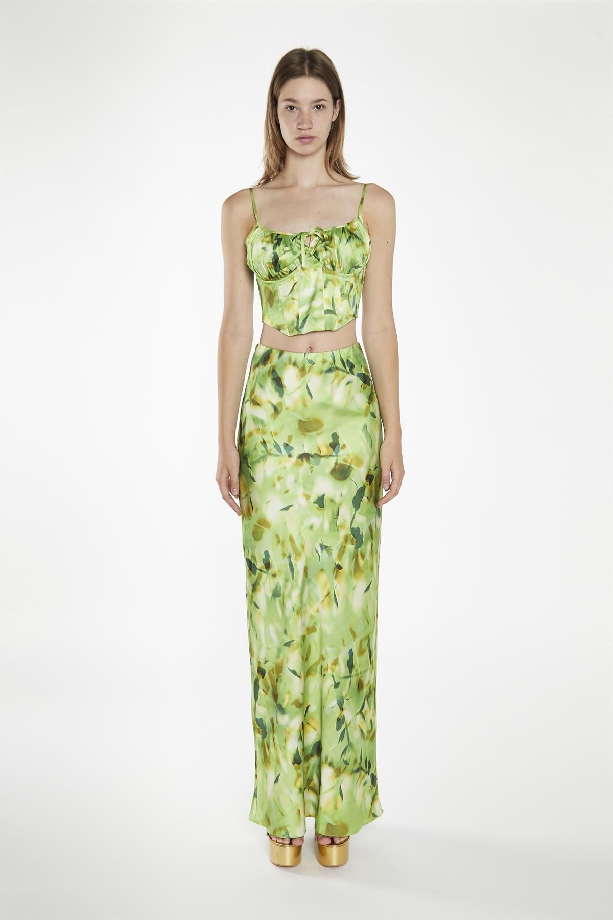 Green Multi-Blur Bias-Cut Maxi-Skirt