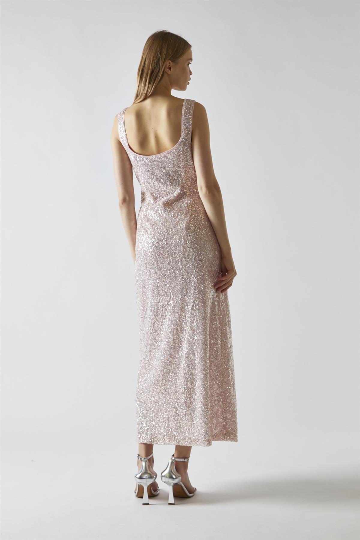 Pink-Silver Sequin Square-Neck Bias-Cut Midaxi-Dress