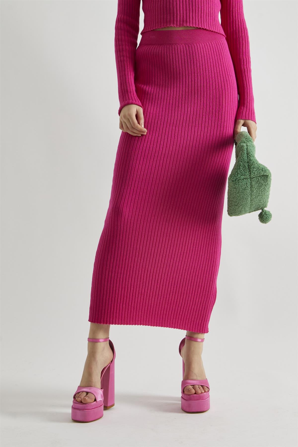 Pink Rib-Knit Midi-Skirt