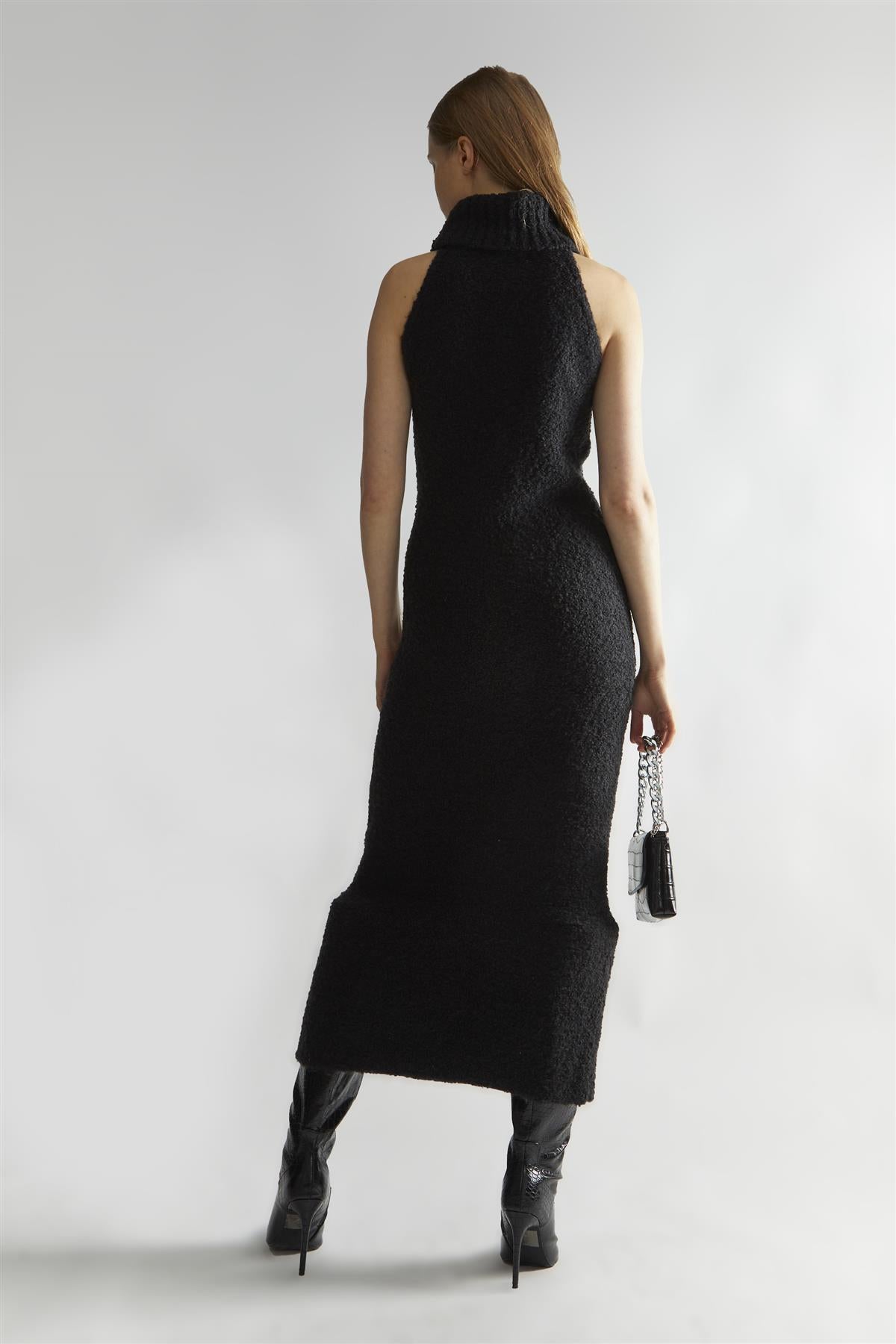 Black Knitted Roll-Neck Maxi-Dress