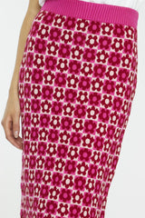 Red-Pink Flower Check Intarsia Knit Midi-Skirt