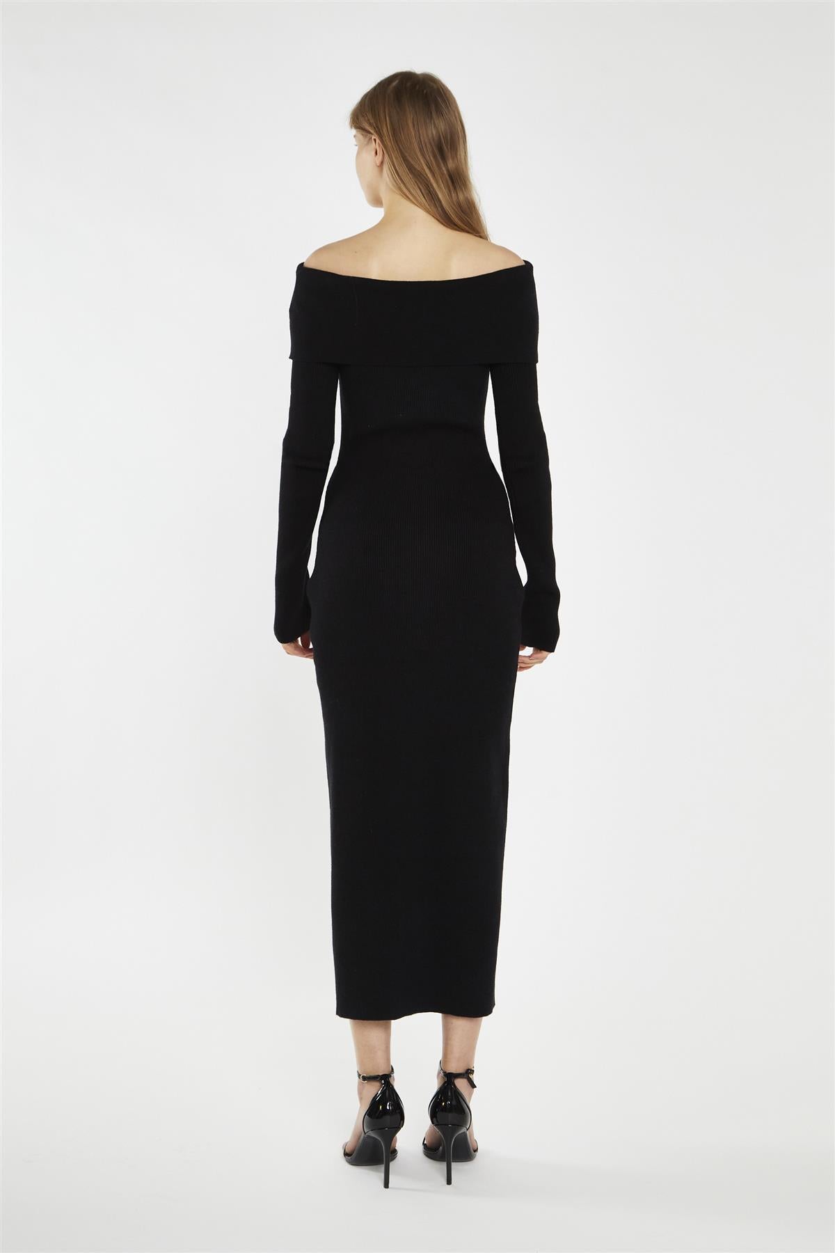 Black Bardot Knitted Midi-Dress