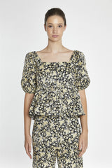 Black-Yellow Brocade Square-Neck Peplum-Top