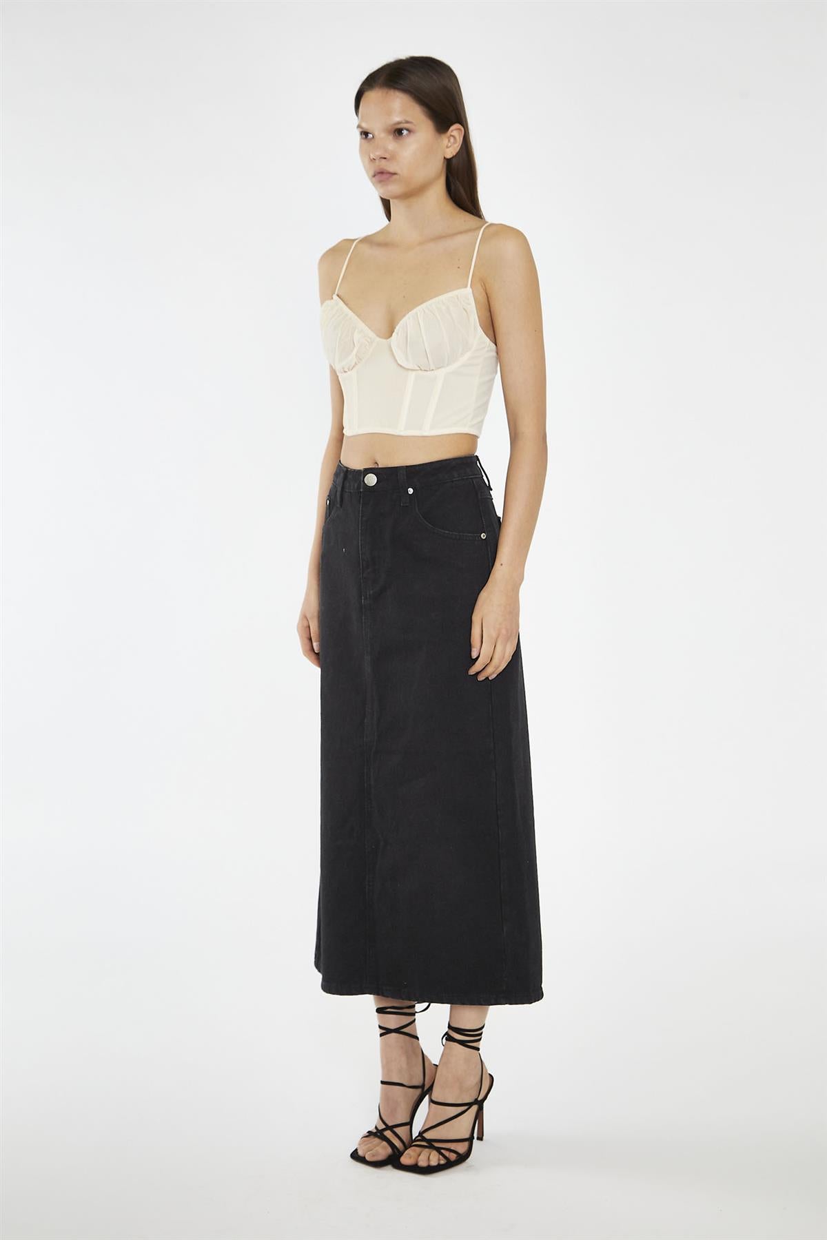 Washed Black Straight-Fit Maxi-Skirt