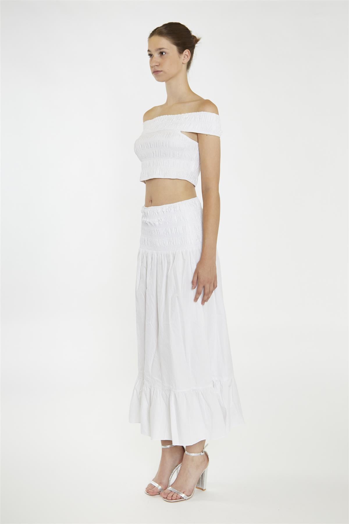 White Shirred-Waist Maxi-Skirt