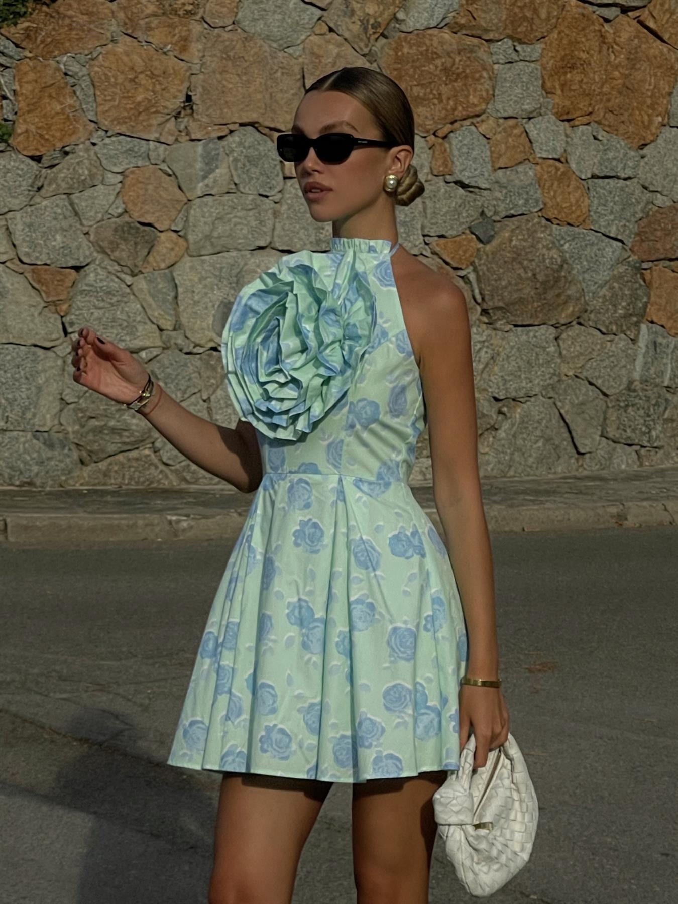 Rosie Corsage Skater Mini-Dress -Mint-Blue Floral