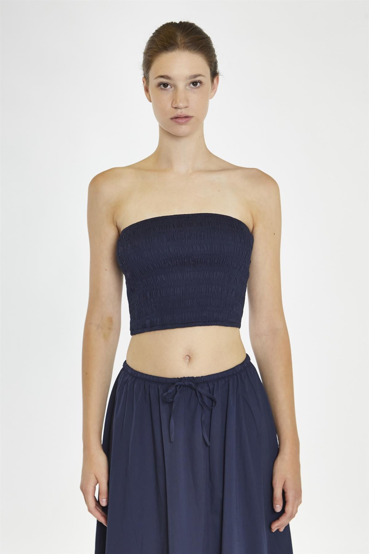 Navy Smocked Bandeau Crop-Top