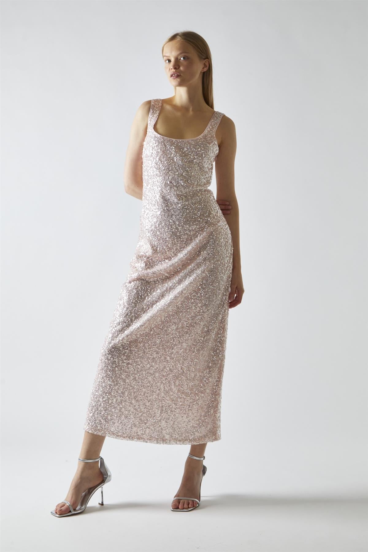 Pink-Silver Sequin Square-Neck Bias-Cut Midaxi-Dress