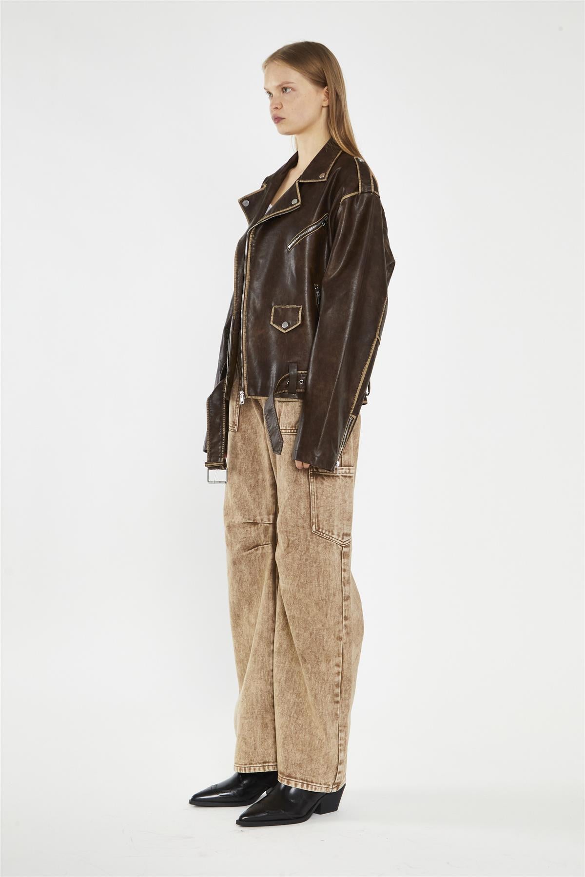 Brown Distressed-PU Oversized Biker-Jacket