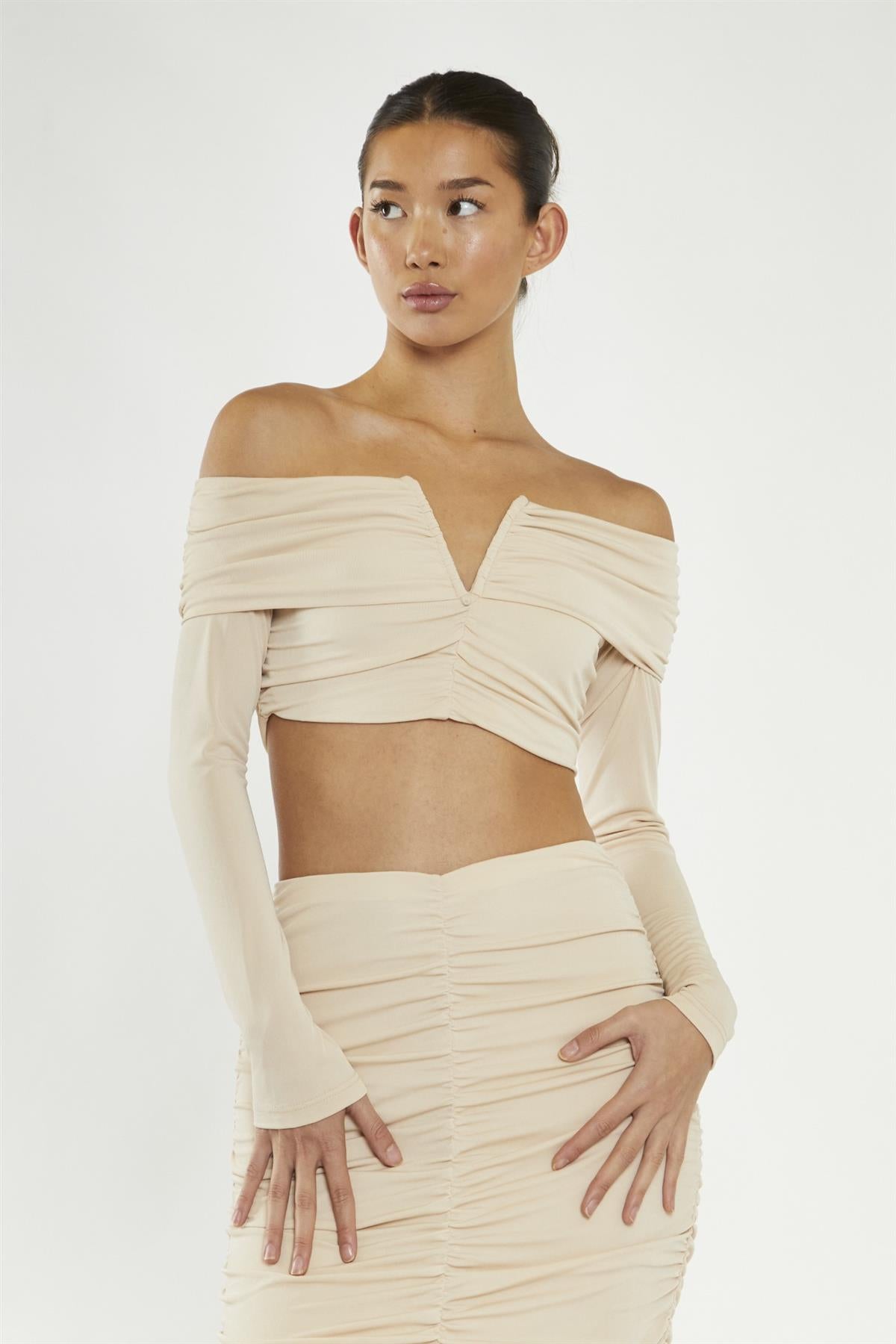 Nude Ruched Bardot Crop-Top