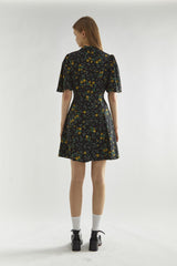 Black-Yellow Mini Floral High-Neck Mini Tea-Dress