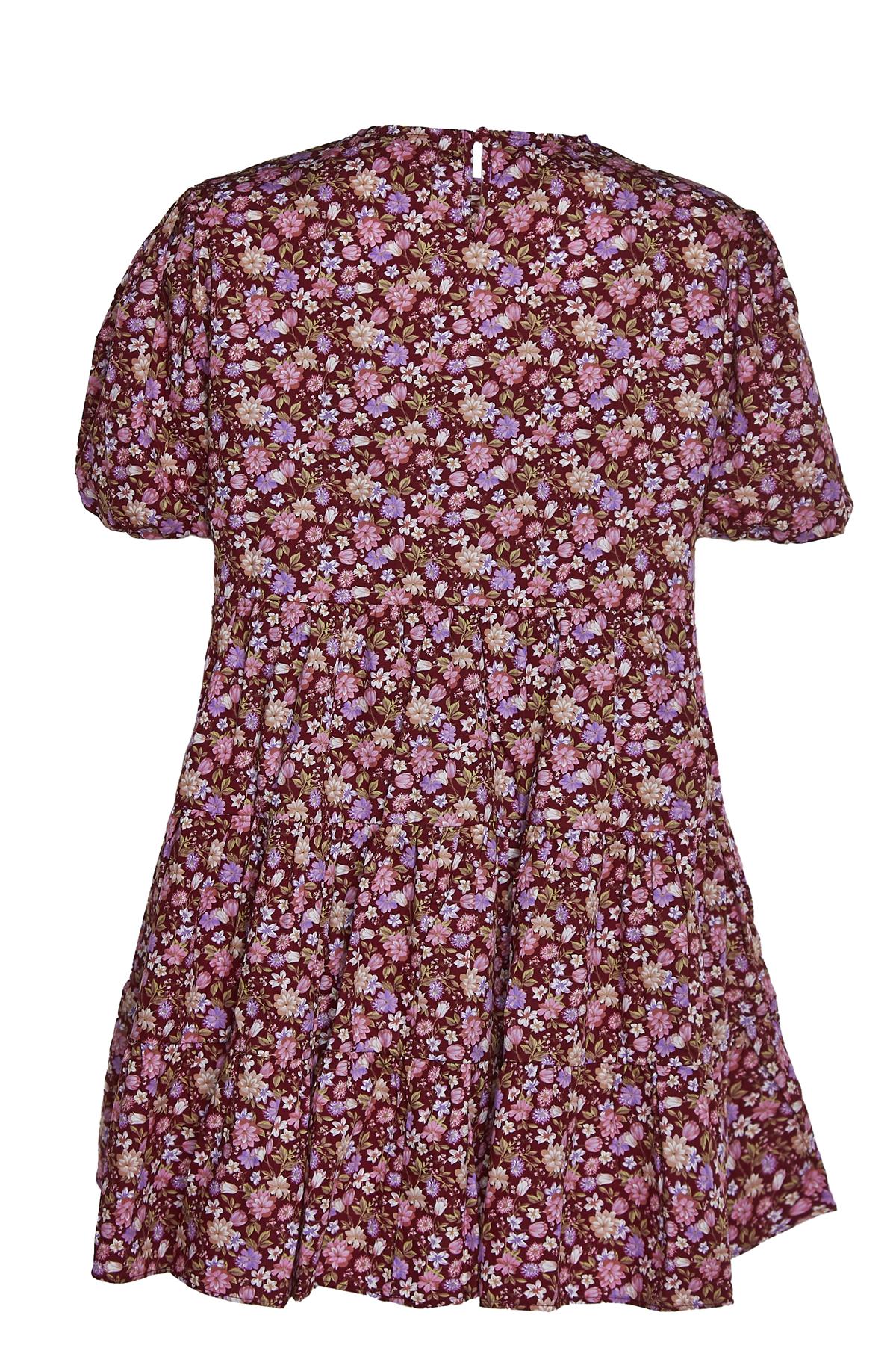 Burgundy-Chintz Floral Mini-Dress