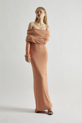 Dusty-Peach Glitter Knitted Bardot Maxi-Dress