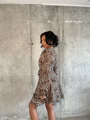 Brown - Natural Leopard Tie-Wrap Midi-Dress