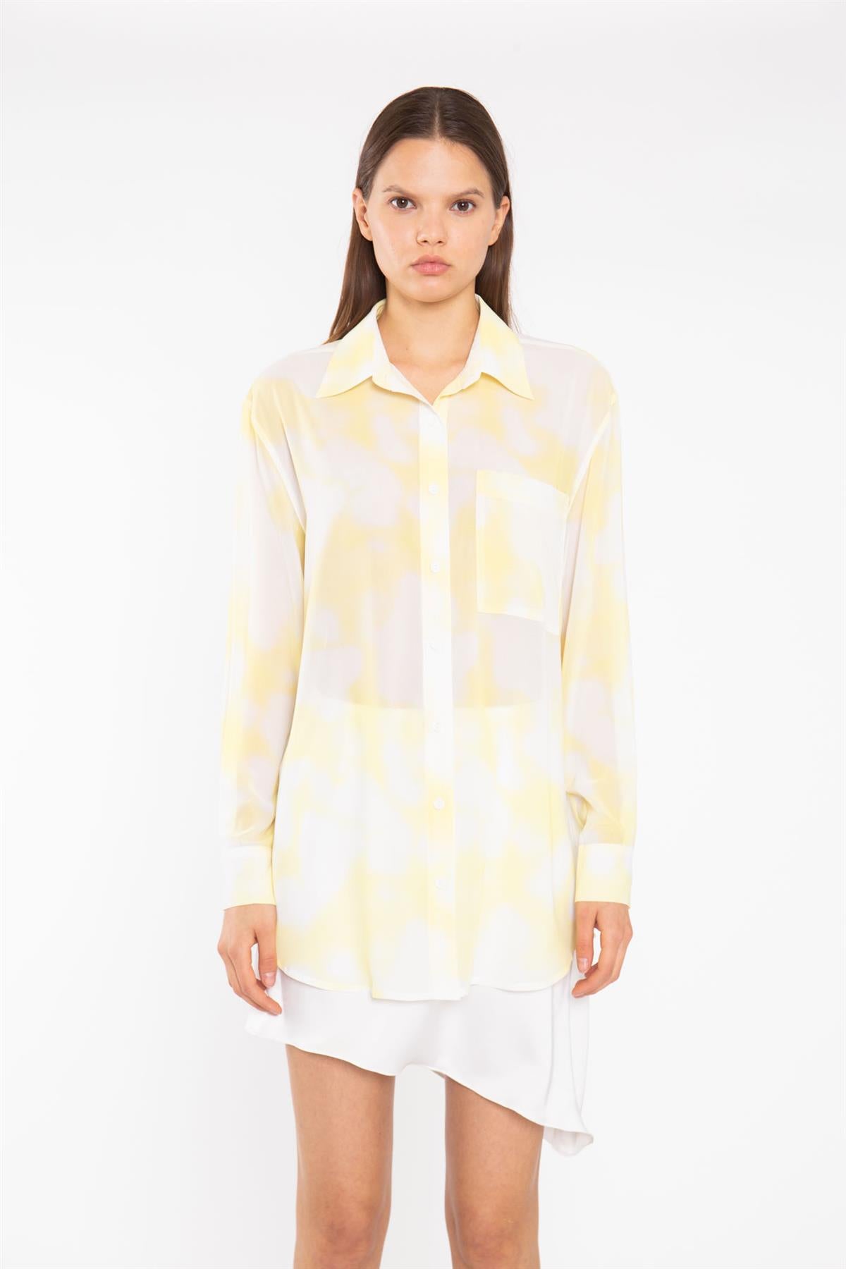 Yellow Print-Chiffon Button Down Classic-Shirt