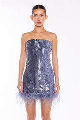 Blue-Sequin Feather-Hem Mini-Dress