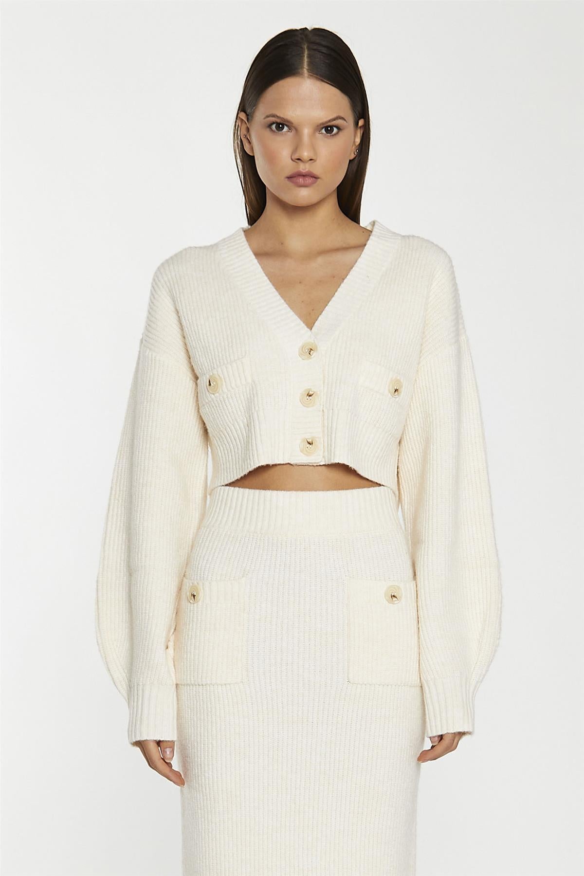 Dark-Cream Oversized Sleeve Crop-Cardigan